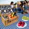 Picnic Basket Set, Wicker Basket with Handle for Outdoors, Insulated Woven Basket, Includes a Service Kit of Dinnerware & Wine Glasses, Picnic Basket Set for 4 with Blanket, Blue & White